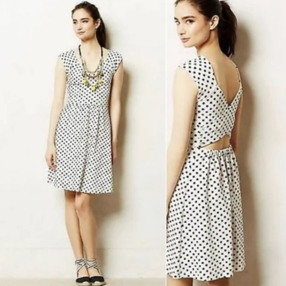 Anthropologie open-back dress in white with black polka dot, size 2